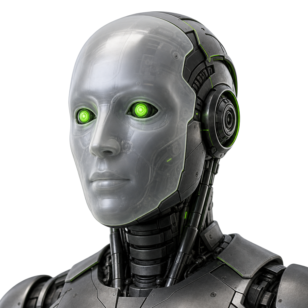 AI android head — dark brushed steel with lime green glow