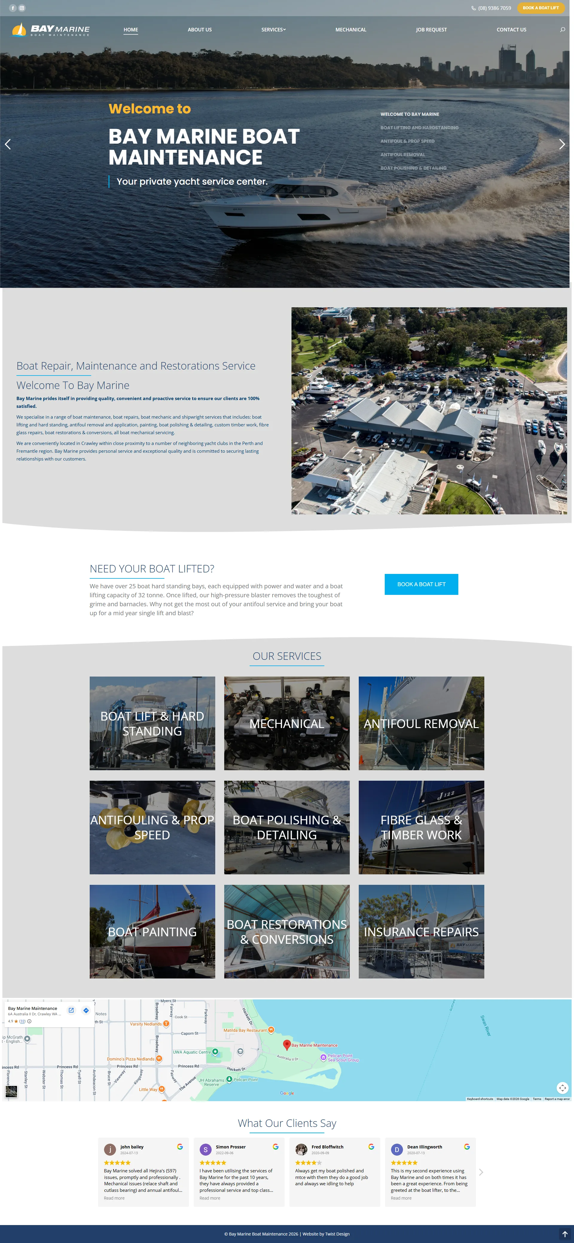 Full-page screenshot of the Bay Marine Boat Maintenance website
