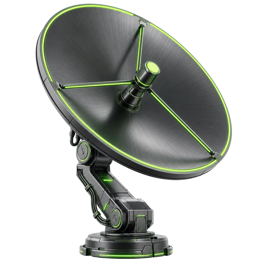 Signal dish — dark brushed steel with lime green glow
