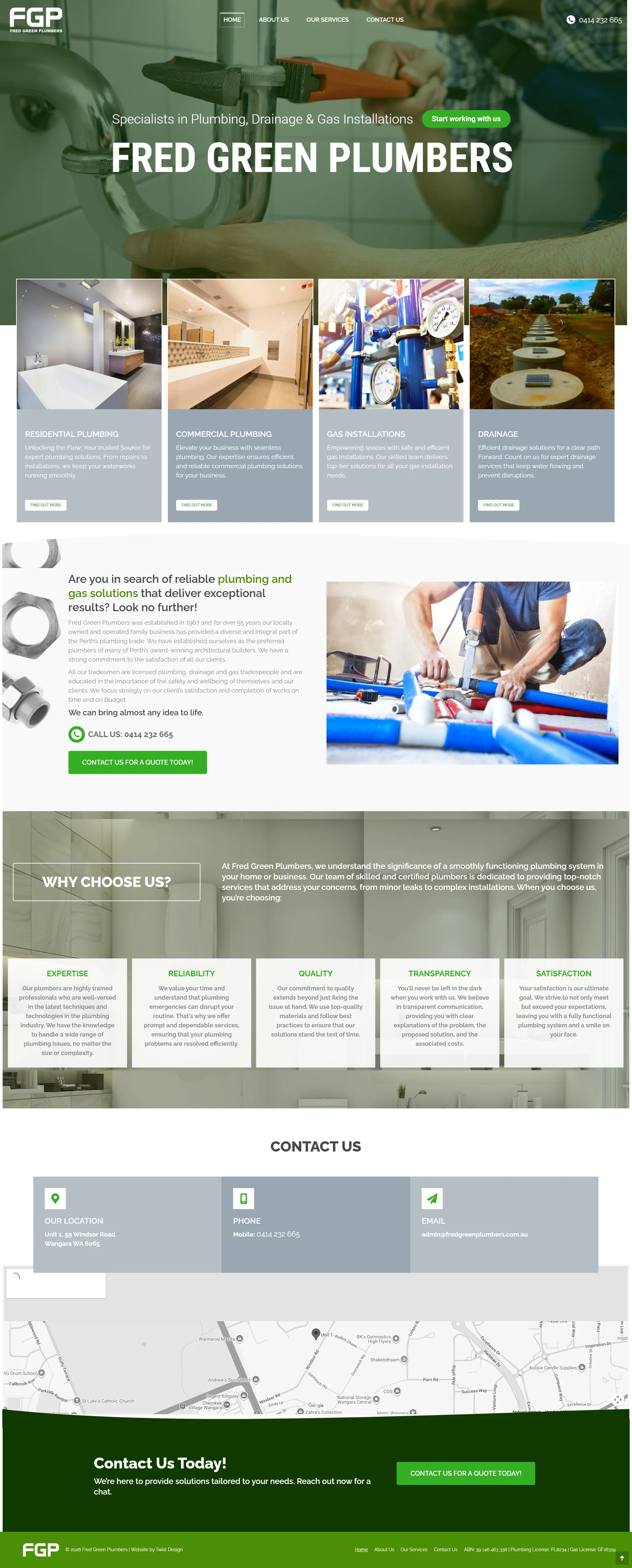 Full-page screenshot of the Fred Green Plumbers website