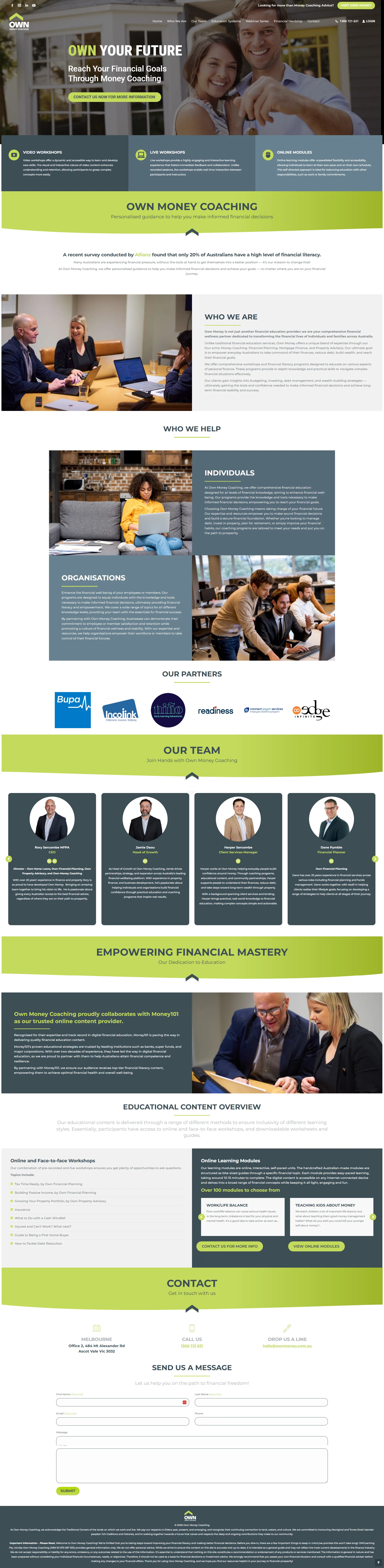 Full-page screenshot of the Own Money Coaching financial education website