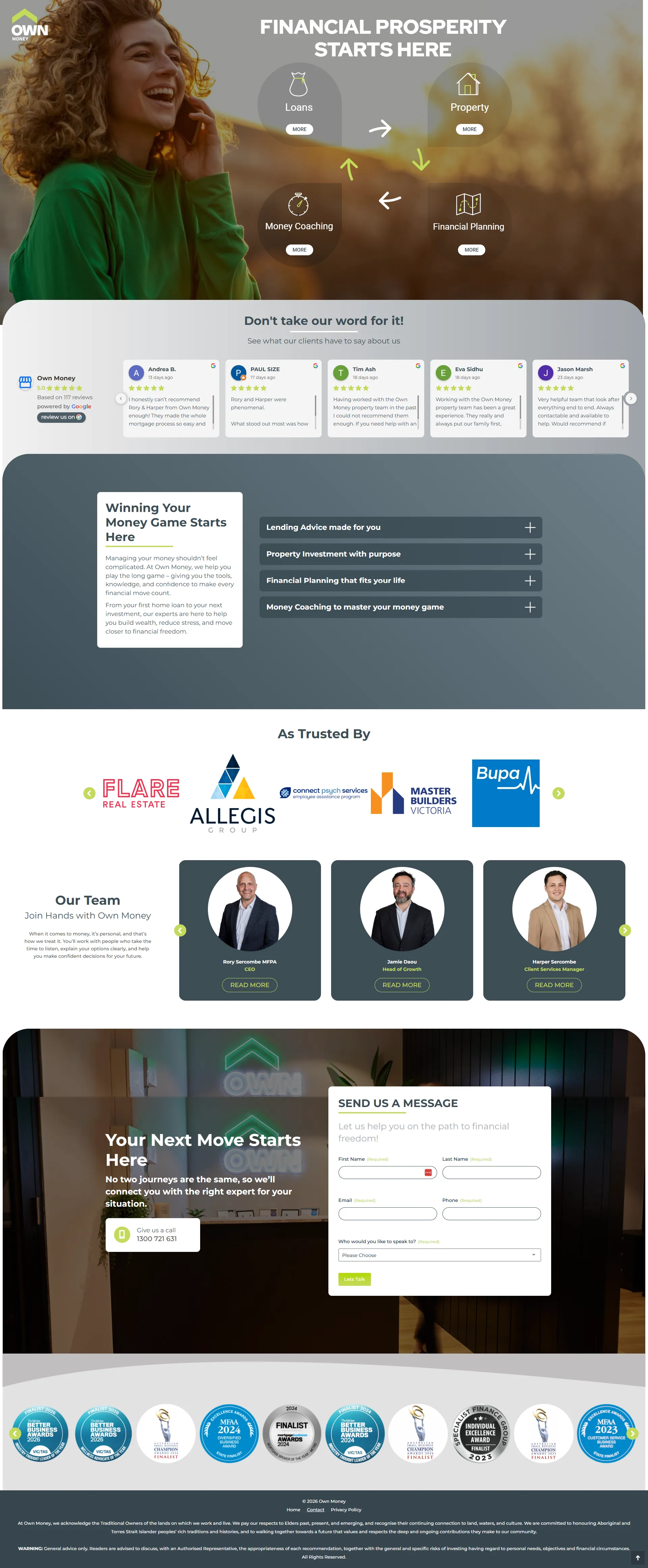 Full-page screenshot of the Own Money financial services website