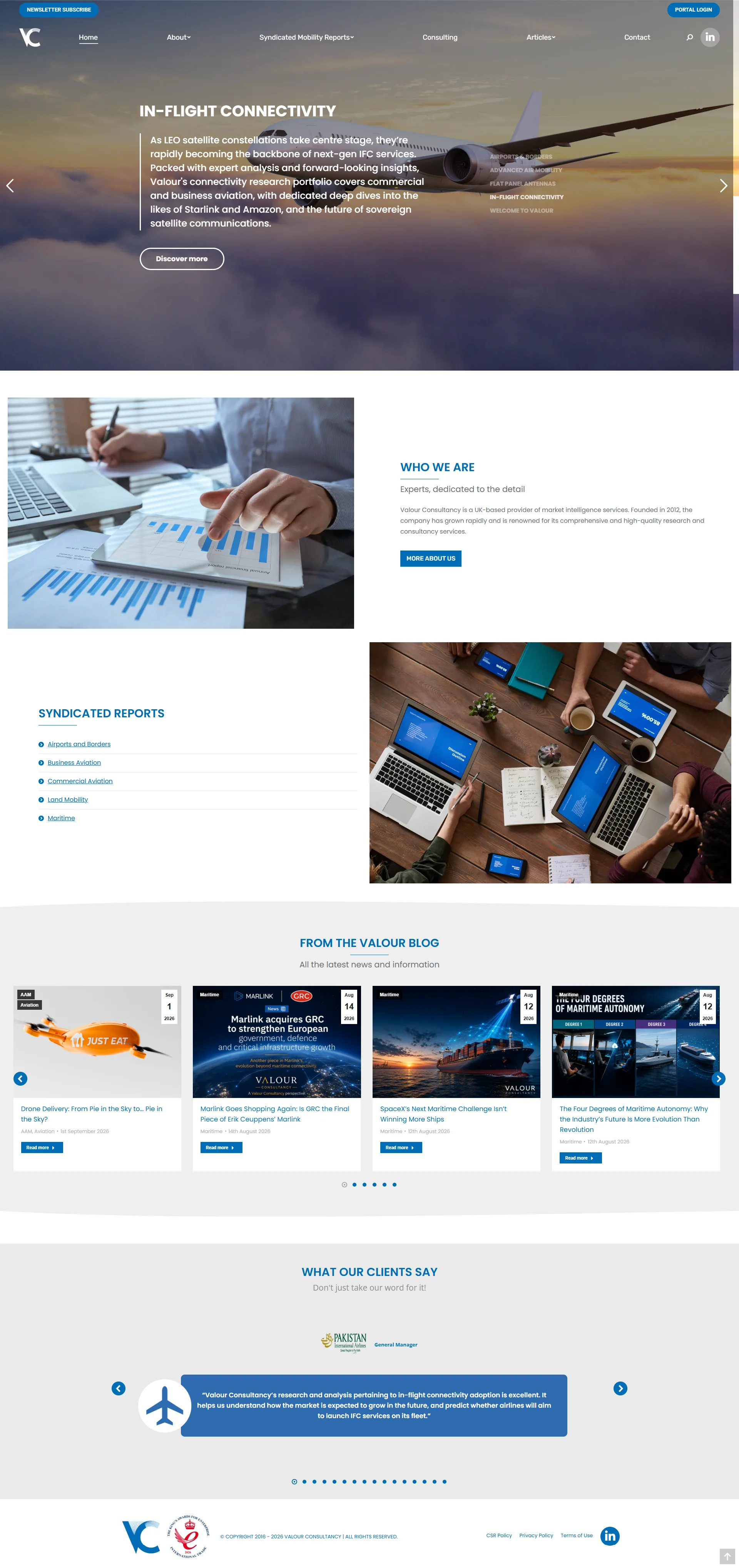 Full-page screenshot of the Valour Consultancy market intelligence website